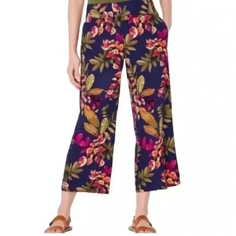 J. Jill Floral Rayon Stretch Waist Floral Multicolor Cropped Pants Size Large